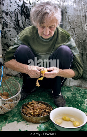 Vecchia donna pelatura di patate Foto Stock