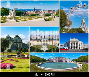 Collage con famosi luoghi e monumenti ed edifici di Vienna. Foto Stock