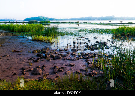 Una tranquilla vista del fiume Dniper presto all'alba Foto Stock