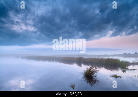 Il lago nella nebbia di mattina presto Foto Stock