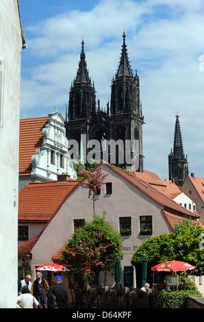 Le torri della cattedrale, terminata nel 1908, insieme con il Albrechtsburg, fondata nel 929, creare la silhouette di Meissen, Germania, 08 maggio 2012. La vinificazione e l'invenzione del porcellain europea nel 1710 hanno reso Meissen famosa in tutto il mondo. Foto: MATTHIAS HIEKEL Foto Stock