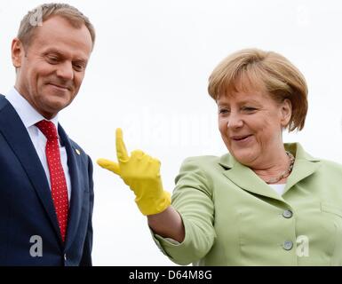 Il cancelliere tedesco Angela Merkel scherzi con la Polonia il Primo Ministro Donald Tusk, dopo un pinguino saltato nuovamente in acqua durante una alimentazione in Oceaneum presso il Consiglio degli Stati del Mar Baltico" vertice leader in Stralsund, 31 maggio 2012. Foto: Fabian Bimmer +++(c) dpa - Bildfunk+++ Foto Stock