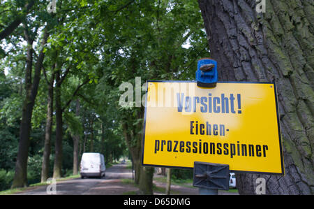 Un segno avverte contro Oak Processionary bruchi in Groß Kreutz, Germania, 15 giugno 2012. I bruchi rappresentano un pericolo per la salute a causa della loro velenosi peli che possono causare irritazione della pelle. Foto: Patrick Pleul Foto Stock