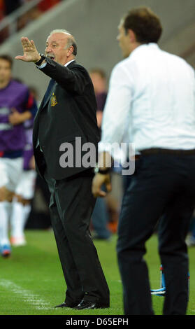 Spagna il capo allenatore Vicente Del Bosque (L) accanto alla Croazia head coach Slaven Bilic durante UEFA EURO 2012 gruppo C partita di calcio Croazia vs Spagna a Arena Danzica Danzica, Polonia, 18 giugno 2012. Foto: Marcus Brandt dpa (si prega di fare riferimento ai capitoli 7 e 8 del http://dpaq.de/Ziovh per UEFA EURO 2012 Termini & Condizioni) +++(c) dpa - Bildfunk+++ Foto Stock