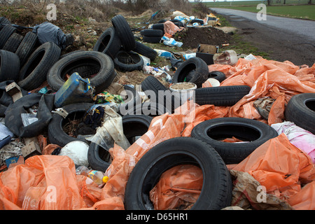 Scarico illegale di pneumatici usati scartato a County road, Repubblica Ceca Foto Stock