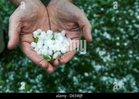 Uomo con pietre di grandine dopo la tempesta Foto Stock