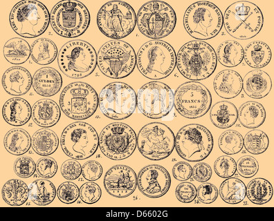 Un'illustrazione del XVIII secolo Brockhaus e Efron Enciclopedic Dictionary, raffigurante monete. Questa voce presenta una rappresentazione storica dei sistemi monetari e della moneta a corso legale del tempo. Foto Stock