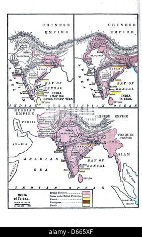 Questa immagine del 1921 illustra il contesto storico del coinvolgimento dell'Inghilterra nella Guerra dei sette anni (1756-1763), concentrandosi in particolare sugli eventi in India intorno al 1850. L'illustrazione fa luce sulle operazioni militari britanniche e sull'espansione coloniale durante il periodo, evidenziando i principali conflitti globali dell'epoca. Foto Stock
