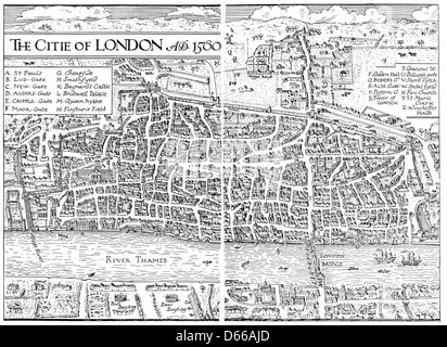 Una mappa di Londra del 1906 dalla serie "Wanderer", che mostra la città come apparve nel XVI secolo. Questa mappa storica offre un'istantanea del layout e dello sviluppo di Londra durante un periodo di rapido cambiamento e crescita. Foto Stock