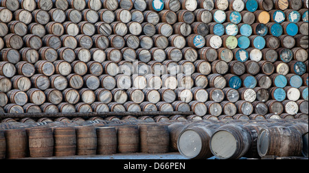 Pile di rovere barili di whisky su Speyside,Scozia Scotland Foto Stock