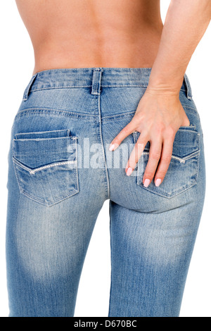 Slim ragazza in jeans, vista posteriore Foto Stock