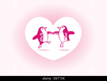Due felici i pinguini Rosa Dancing in un cuore bianco su un morbido sfondo rosa Foto Stock