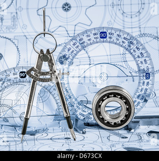 Disegni tecnici con il cuscinetto in una tonificante blu Foto Stock