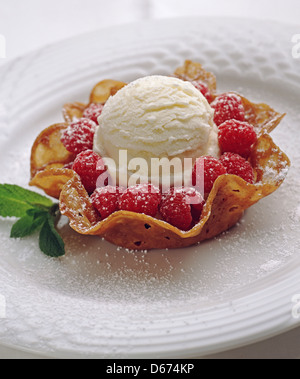 Il brandy cestello a scatto con gelato alla vaniglia e lamponi Foto Stock