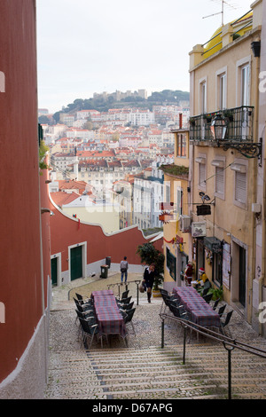 Lisbona, Portogallo. Vista panoramica sui tetti della città e la Collina del Castello di São Jorge. Foto Stock