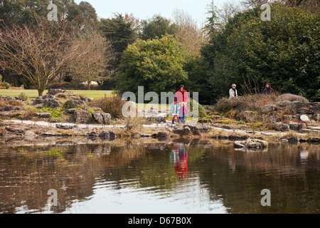 La gente che camminava sul lago in Cambridge University Botanic Garden, Cambridge Regno Unito Foto Stock