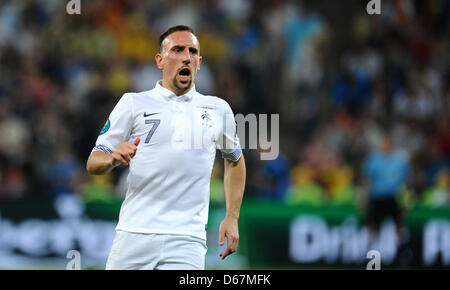 In Francia la Franck Ribery durante UEFA EURO 2012 quarti di finale di partita di calcio Spagna vs Francia presso Donbass Arena a Donetsk, Ucraina, 23 giugno 2012. Foto: Thomas Eisenhuth dpa (si prega di fare riferimento ai capitoli 7 e 8 del http://dpaq.de/Ziovh per UEFA EURO 2012 Termini e Condizioni) Foto Stock