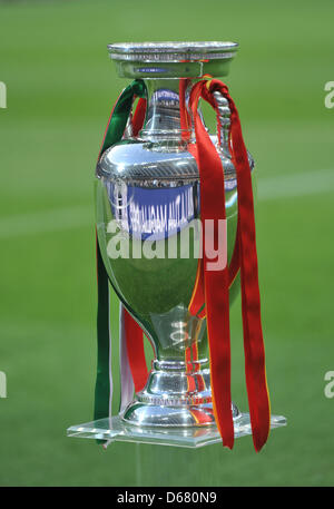 Il trofeo Henri Delaunay per il vincitore del campionato UEFA EURO è visto prima di UEFA EURO 2012 finale di partita di calcio Spagna vs. Italia presso lo Stadio Olimpico di Kiev, in Ucraina, 01 luglio 2012. Foto: Andreas Gebert dpa (si prega di fare riferimento ai capitoli 7 e 8 del http://dpaq.de/Ziovh per UEFA EURO 2012 Termini & Condizioni) +++(c) dpa - Bildfunk+++ Foto Stock