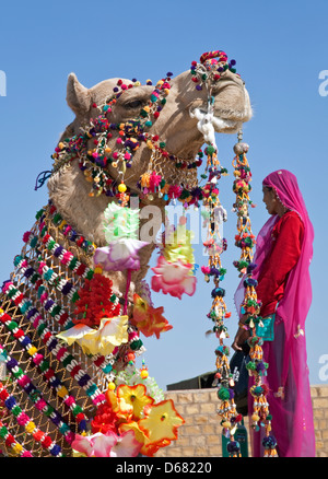 Camel decorate con costumi tradizionali. Jaisalmer Desert Festival. Il Rajasthan. India Foto Stock