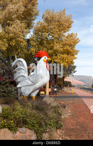 Un gallo figura accanto a una strada e le rocce rosse nel contesto, Sedona, in Arizona, Stati Uniti d'America Foto Stock