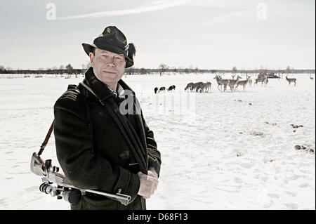 Il cacciatore Wolfgang Wernicke sorge su un campo. Sullo sfondo sono diversi cervi e daini. Foto Stock