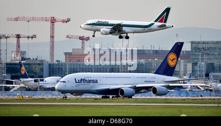 (FILE) un archivio foto datata 26 settembre 2011 mostra un Airbus Alitalia lo sbarco al di sopra di una Lufthansa Airbus A380 all'aeroporto di Francoforte, in Germania. Ora ci sono molti studi sugli effetti di biglietto di imposizione nel mercato interno. Foto: Marc Tirl Foto Stock