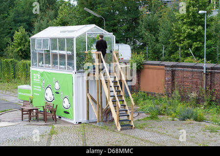 Un contenitore dell'impresa efficiente coltivazione della città è visibile nei locali di un ex malthouse a Berlino, Germania, 17 luglio 2012. La ECF fattoria di contenitore è costituito da un serbatoio di pesce e una casa verde e comprende pertanto una chiusa e recource-salvataggio aquaponic-circuito dell'acqua. Foto: Soeren Stache Foto Stock