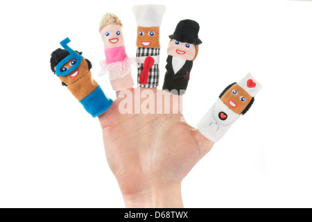 Mano azienda cinque dita marionette (scuba diver, ballerina, chef, nanny, infermiere) Foto Stock