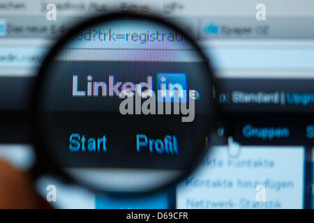 Illustrazione - Il sito di social networking per le persone in occupazioni professionali LinkedIn è visto attraverso una lente di ingrandimento in Schwerin, Germania, 06 agosto 2012. LinkedIn archiviato per un'offerta pubblica iniziale nel gennaio 2011. Nel secondo trimestre del 2012, la rete rivolta un profitto di quasi 228 milioni di dollari. Foto: Jens Buettner Foto Stock