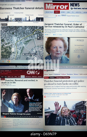 Una selezione di notizie su Internet articoli reporting il build fino al funerale di un ex Primo Ministro britannico Margaret Thatcher. Foto Stock