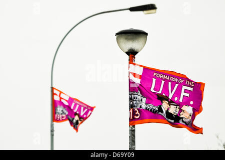 Belfast, Irlanda del Nord. Il 15 aprile, 2013. Oltre 600 UVF bandiere sono state erette su lamposts in East Belfast. Esse sono state messe insieme le otto miglio percorso parata che commemorerà il centenario della formazione dell'Ulster Volunteer Force sabato 20 aprile. Credito: Stephen Barnes/Alamy Live News Foto Stock