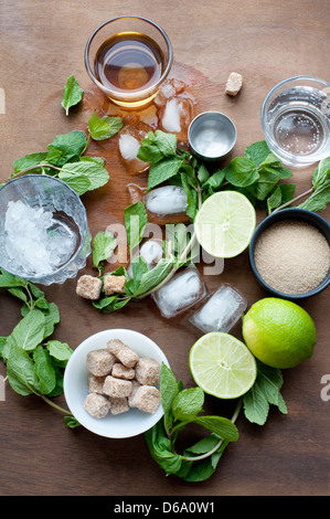 Erbe aromatiche, calce, zucchero e cubetti di ghiaccio Foto Stock