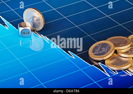 Dadi cubo con la parola vendere un euro moneta scorre verso il basso sul diagramma di tendenza ribassista. Messa a fuoco selettiva Foto Stock