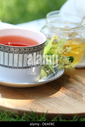 Miele di tiglio in un vaso con fiori di tiglio Foto Stock