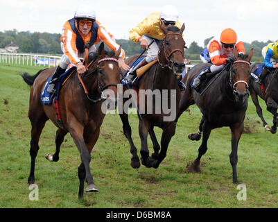 Jockey Andrasch Starke (L) sul cavallo Danedream vince il Grand Prix di Baden durante il 'Grosse Woche von Baden" (settimana di gare di Baden) all'ippodromo di Iffezheim, Germania, 02 settembre 2012. Hellier di Terence (C) su Ovambo regina arriva al 2° posto, Adrie de Vries sul Pastorius (R) in 3rd. Foto: ULI DECK Foto Stock