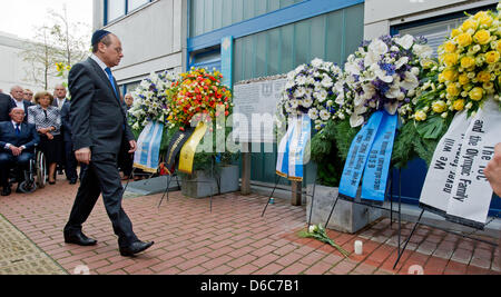 Israeli Vice Primo Ministro Silvan Shalom assiste l'evento commemorativo per le vittime delle olimpiadi di Monaco di Baviera 1972 tiri a Monaco di Baviera, Germania, il 05 settembre 2012. Il 05 settembre 1972, uomini armati hanno fatto irruzione nel team israeliano il piatto al villaggio olimpico, immediatamente uccidendo due degli atleti e prendendo altri nove ostaggi di pretendere la liberazione di 232 prigionieri palestinesi. Foto Foto Stock