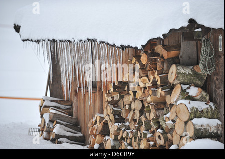 Ghiaccioli su un capannone di log in inverno Foto Stock