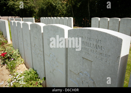 Lapidi presso il cimitero di Devonshire in Mametz, nel nord della Francia Foto Stock