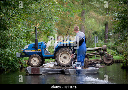 Il trasporto dei lavoratori di un trattore in due barche su un su annulla vicino a Luebbenau, Germania, 15 settembre 2012. Nella regione Spreewald, di persone e merci varie sono tradizionalmente trasportati da barche. Foto: Kay Nietfeld Foto Stock