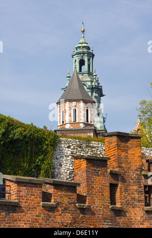 Vista della bellissima Saint Stanislas Cattedrale al castello di Wawel, Cracovia, visto da dietro un arco gotico Foto Stock