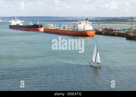 Le petroliere a fianco di esso Fawley raffineria di petrolio terminale. Solent Foto Stock