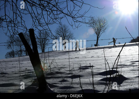 Due fondisti portare gli sci fino alla cima di una collina alla montagna Ettelsberg in Willingen, Germania, 02 febbraio 2012. Dodici gradi sotto zero e i venti dominano il tempo attuale in Willingen. Foto: UWER ZUCCHI Foto Stock