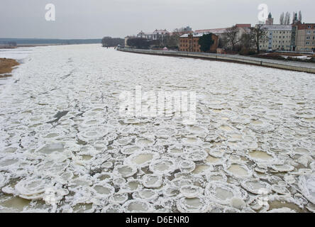 La congelati insieme ice floes sono illustrati dal ponte Stadtbruecke a Francoforte sull'Oder, Germania, 07 febbraio 2012. Il drifting il ghiaccio si è fermato lungo più di 140 chilometri del fiume Oder sul confine tra Germania e Polonia. Foto: PATRICK PLEUL Foto Stock