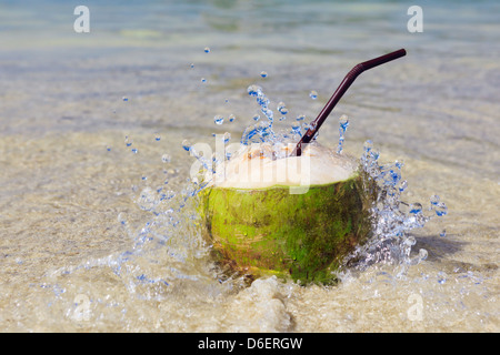 Aperto noce di cocco con una cannuccia in estate spiaggia Foto Stock