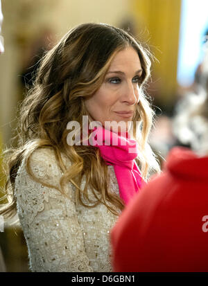 Sarah Jessica Parker arriva per la presentazione del 2011 National Medal of Arts e 2011 National Humanities Medal dal presidente degli Stati Uniti Barack Obama nella Sala Est della Casa Bianca a Washington D.C., USA, 13 febbraio 2012. Foto: Ron Sachs (migliore qualità disponibile) Foto Stock