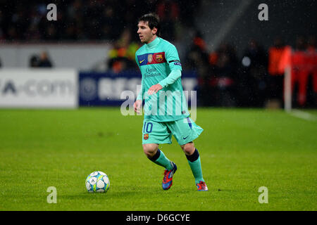 Barcellona il Lionel Messi è raffigurato durante la UEFA Champions League match tra Bayer Leverkusen e FC Barcellona alla BayArena a Leverkusen, Germania, 14 febbraio 2012. Foto: Revierfoto Foto Stock