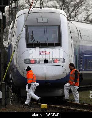 I tecnici ispezionare un double-decker con il treno ad alta velocità dalla Francia alla stazione di nolo a Bad Kleinen, Germania, 16 febbraio 2012. La nuova generazione del TGV viene testato nel nord-est della Germania fino a venerdì 17 febbraio 2012. Il primo attraversamento delle frontiere double-decker con il treno ad alta velocità dalle ferrovie francesi SNCF tra Marsiglia e Francoforte sul Meno nonché Parigi è iniziare a opera Foto Stock