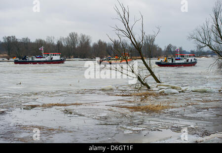 Due tedesche e polacche breakwers ghiaccio sail upriver sull'Oder vicino a Lebus, Germania, 23 febbraio 2012. Gli inceppamenti di ghiaccio nel mezzo del fiume hanno causato temporaneamente i livelli di acqua a salire. Foto: PATRICK PLEUL Foto Stock