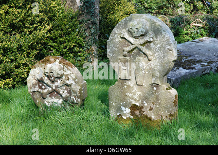 Isola Galloon cimitero con 18thC Teschio e Ossa Croce pietra tombale, superiore del Lough Erne, County Fermanagh, Irlanda del Nord Foto Stock