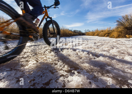 Mountain biker sulla neve in campo rurale Foto Stock